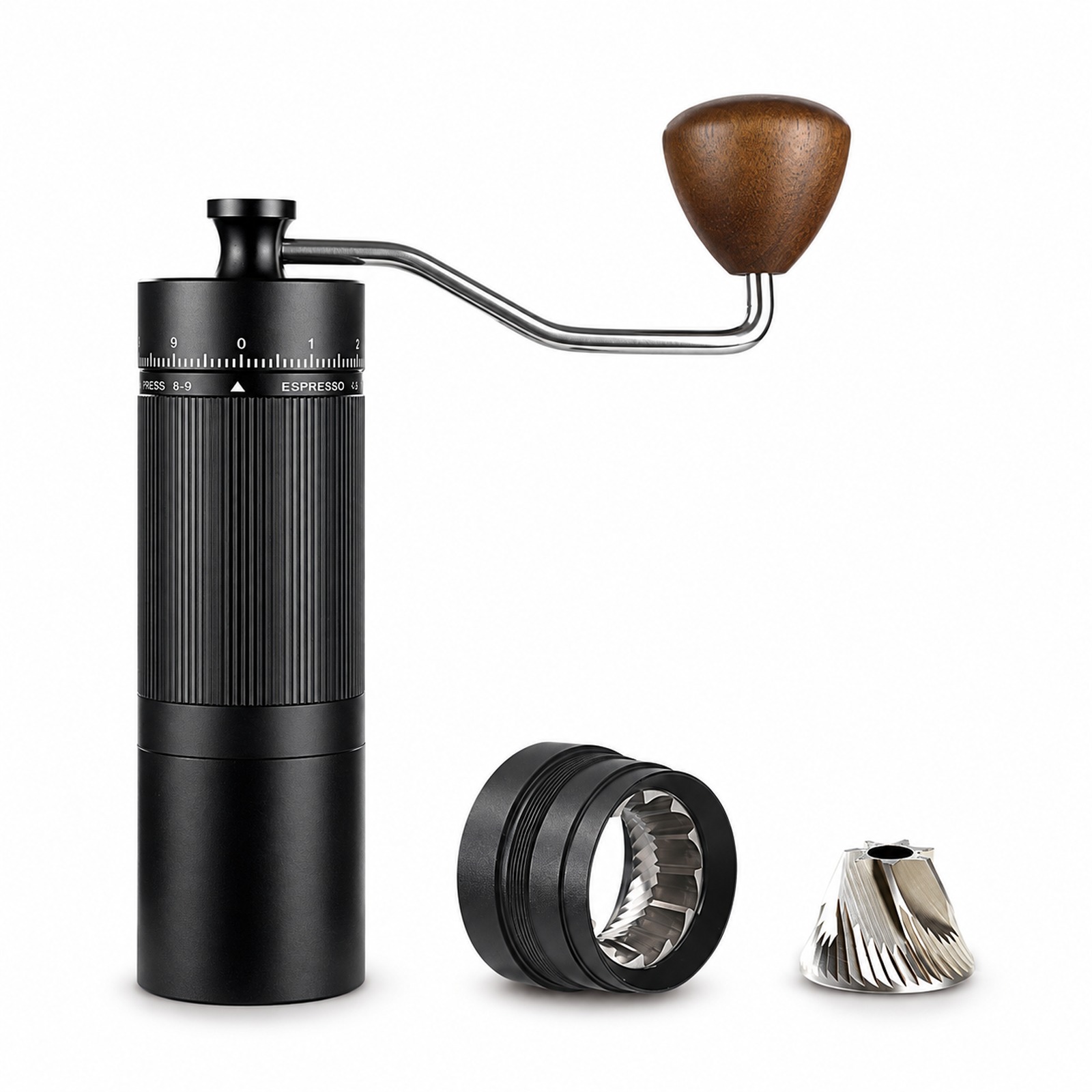 Obsidian black BurrPress conical burr hand grinder with external dial on a white background